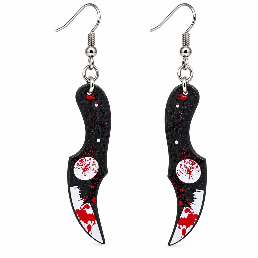 Black Bloody Curved Knife Halloween Horror Dangle Earrings NWOT